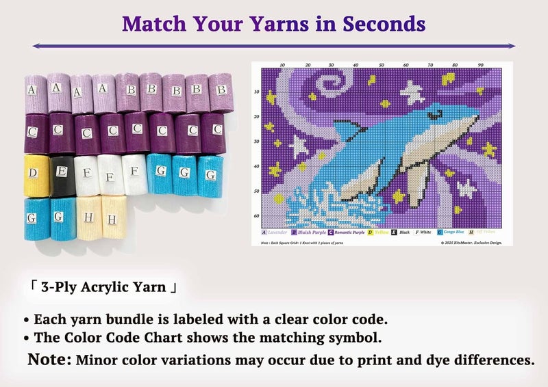 KitsMaster Galaxy Whale Latch Hook Kit for Adults | Starry Sky Craft Project with Pre-Printed Canvas, Yarn & Tool - Purple & Blue Ocean Fantasy Rug Making Kit 23.6''x15.8'' (Whale's Dream) - Image 3